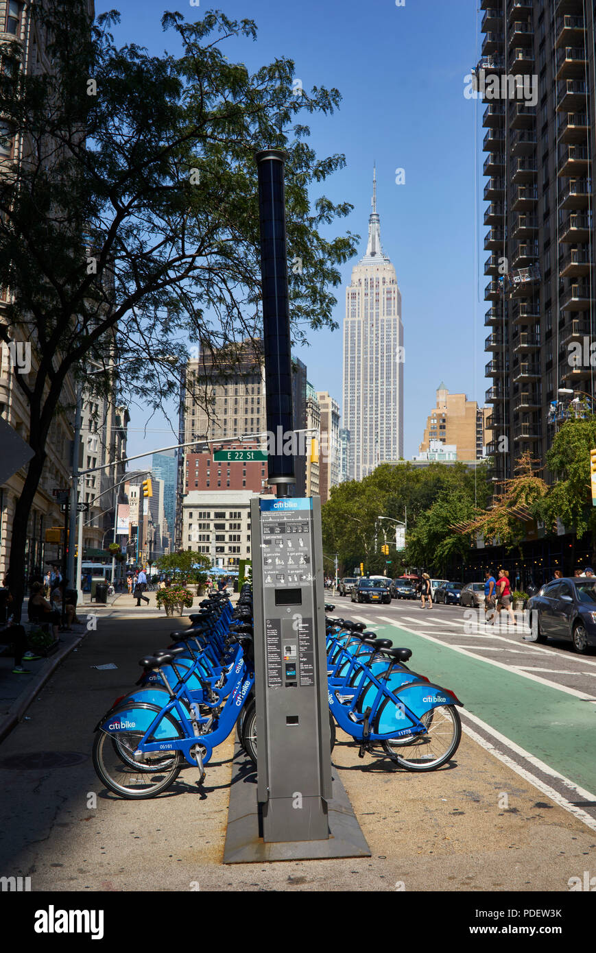 Citi Bike station in Broadway and 22nd street, under the Flatiron building in Manhattan Stock Photo