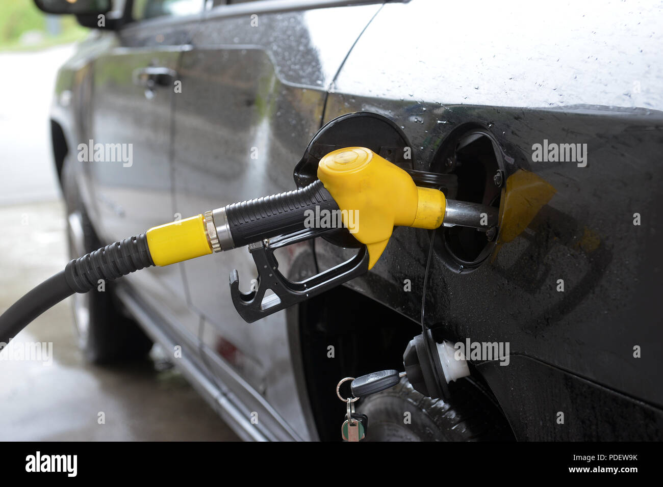 refilling up gas tank of the car with green eco fuel on a filling station Stock Photo