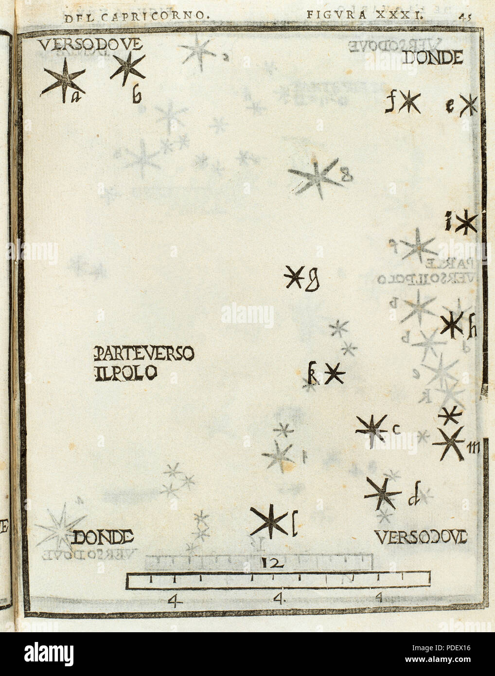 Capricornus. Engraving depicting the structure of the constellation, 1559. De le Stelle Fisse, book of astronomy by Alessandro Piccolomini (1508-1579). Edited in Venice, Italy. Stock Photo