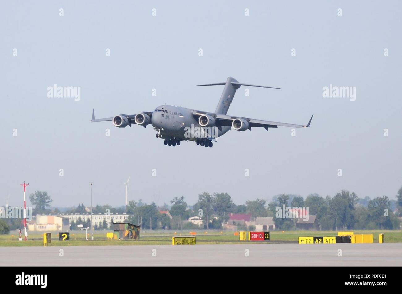 The 172nd Airlift Wing of Mississippi Air National Guard prepares to land in  Poland while supporting the movement of the 184th Sustainment Command from Jackson, Mississippi.  Upon arriving the 184th SC will join thousands of U.S. and NATO troops to participate in the Saber Strike 18 exercise. (Mississippi Army National Guard Stock Photo