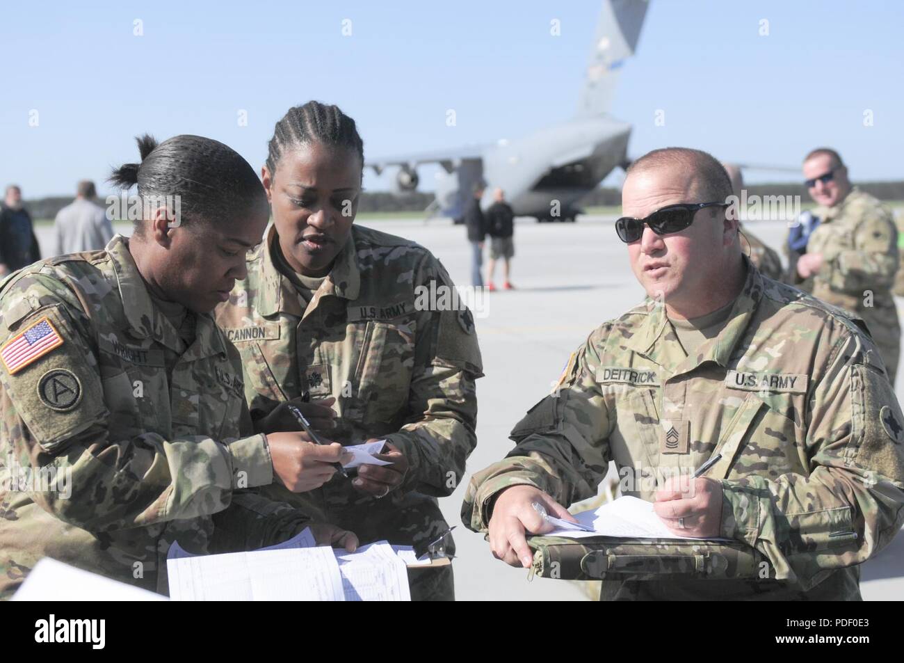 Maj. Tamiko Wright(right), Lt. Col. Laketter Cannon(center), and Master Sgt. Eric Deitrick(left) of the 184th Sustainment Command, Mississippi National Guard, check accountability of the 184th SC Soldiers that arrived in Poland on May 20. The 184th ESC is participating in the upcoming Saber Striker 18 exercise. (Mississippi Army National Guard Stock Photo
