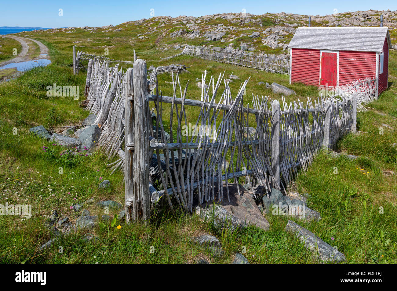 Red shack and fence, Cape Bonavista Lighthous Provincial Historic Site ...