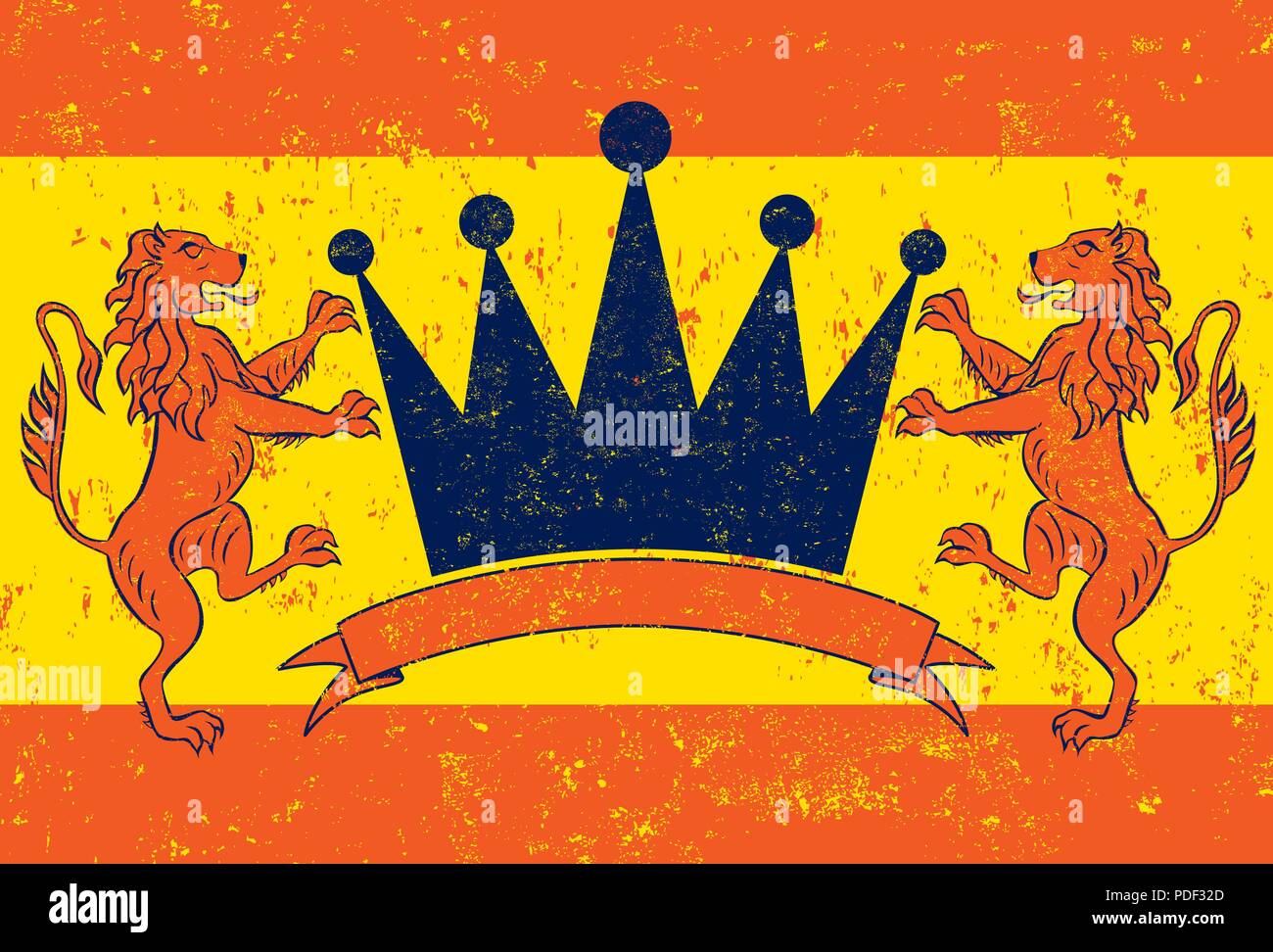 Orange Lion Crown. Hand drawn heraldic lions holding a crown along with a banner for text. Stock Vector