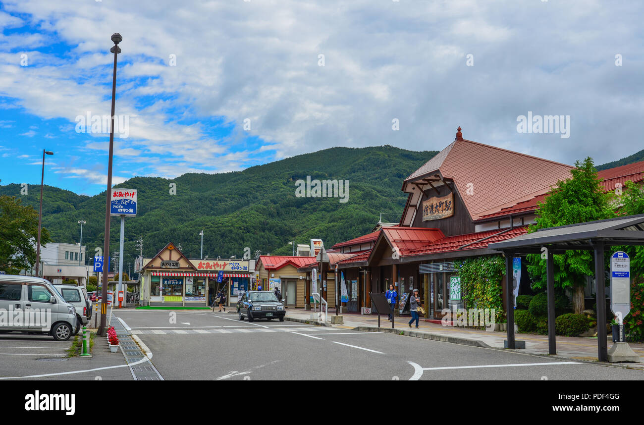 Nagano, Japan - Oct 10, 2017. View of Shinano-Omachi Station in Nagano, Japan. It is the starting point of the Tateyama Kurobe Alpine Route. Stock Photo