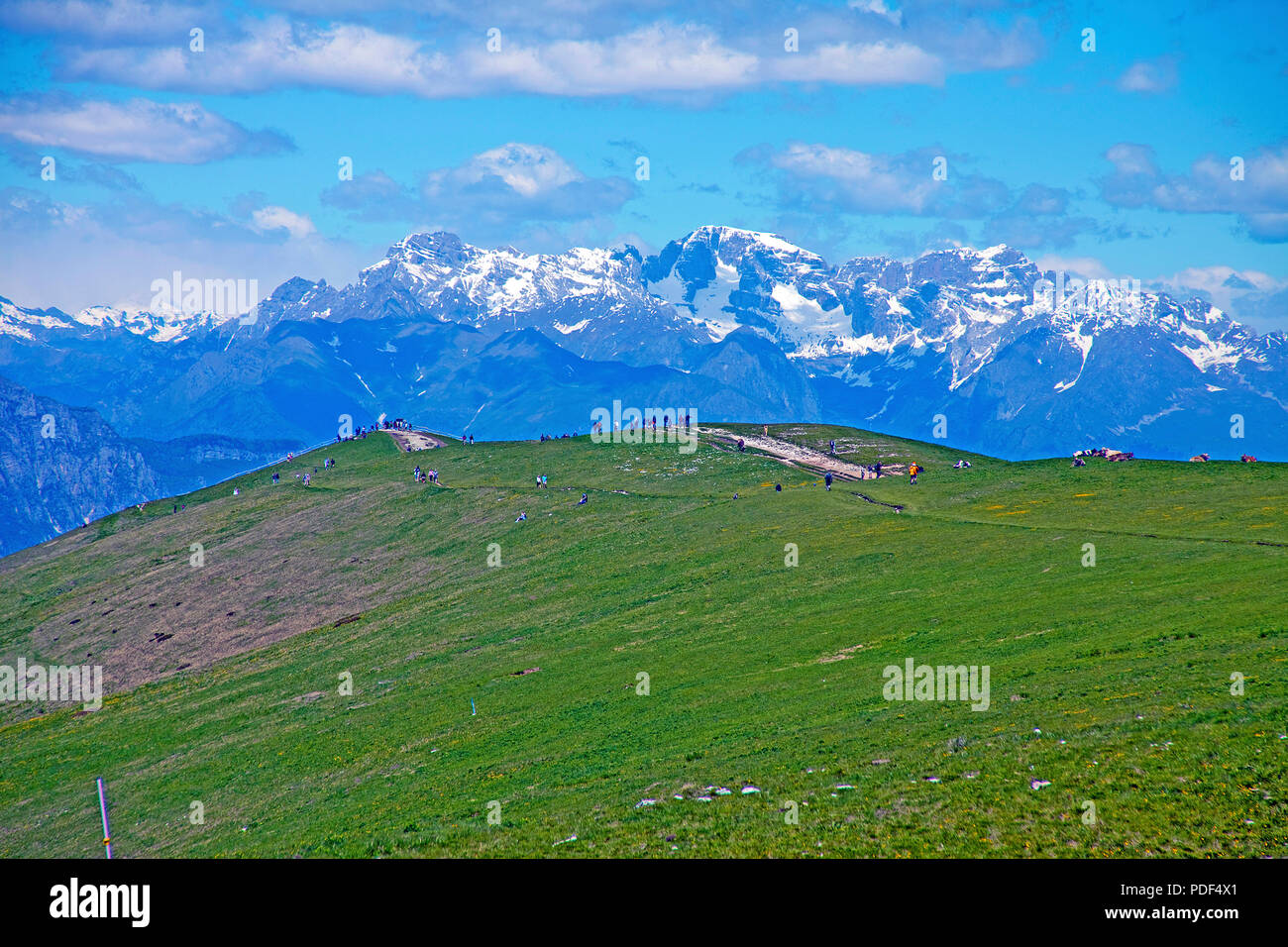 Hiker on top of Monte Baldo massif, Malcesine, province Verona, Lake Garda, Lombardy, Italy Stock Photo