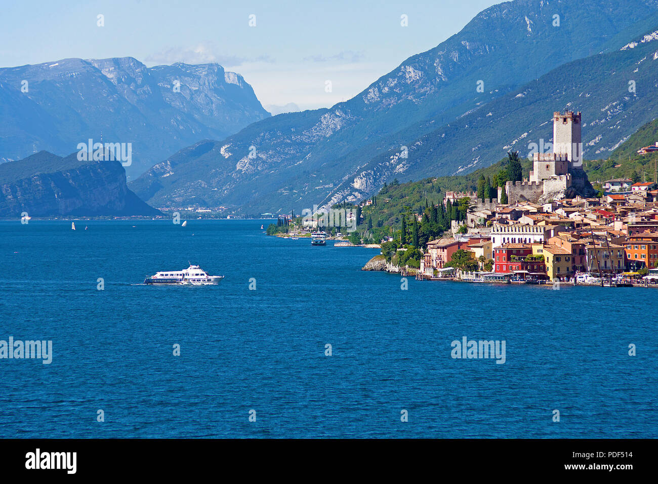 View from Lake Garda on Malcesine with Scaliger castle, Malcesine, province Verona, Lake Garda, Lombardy, Italy Stock Photo