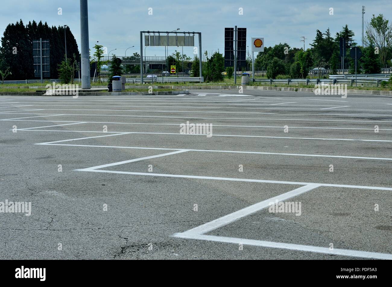 Parking Marks of a Truck Rest Area /Parking Area / Bay / Bay/Site near Shell Petrol station / Gas / Fuel Station along side a highway near Pisa, Italy Stock Photo