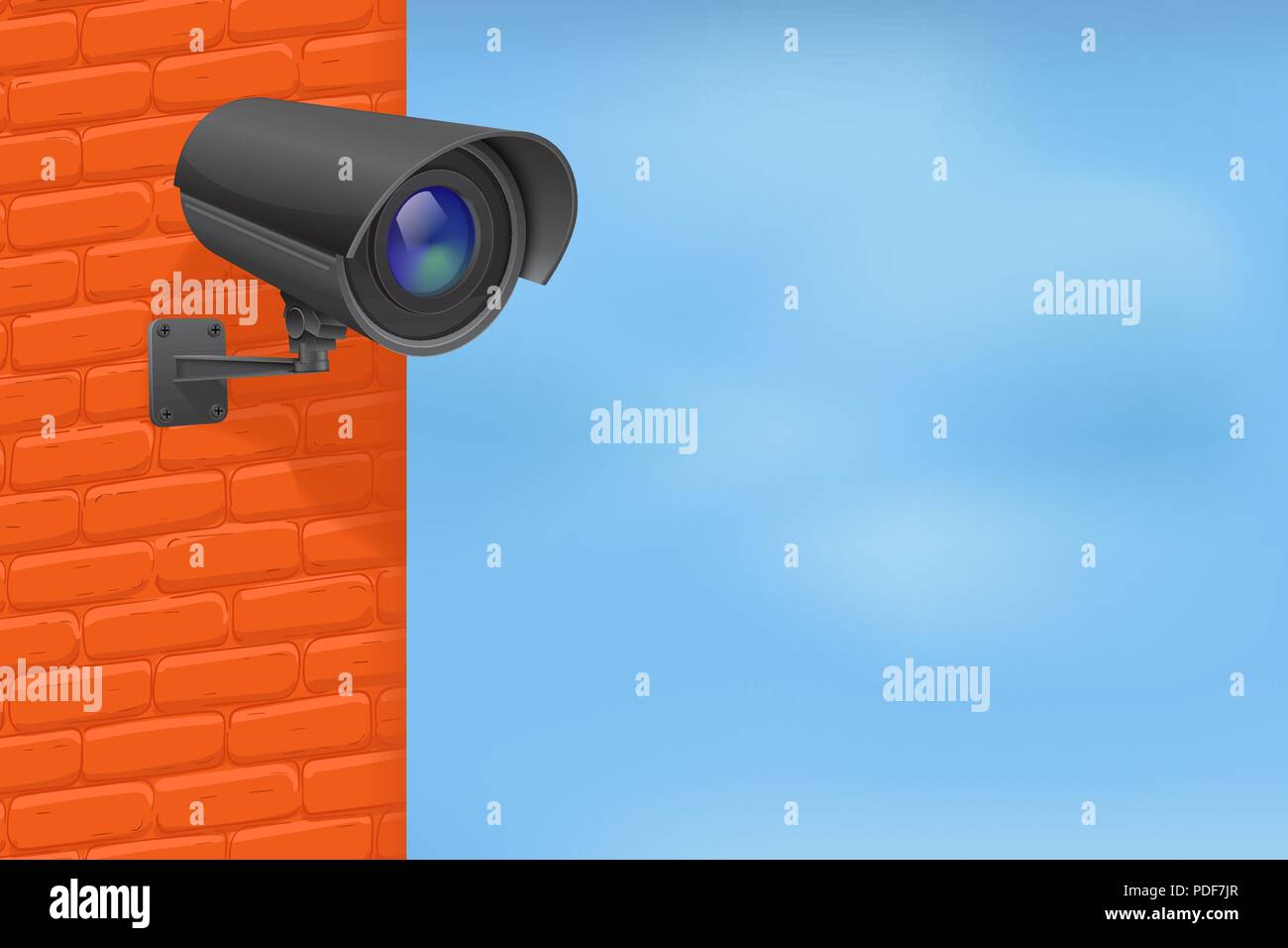 Black security camera on red brick wall. With blue sky Stock Vector