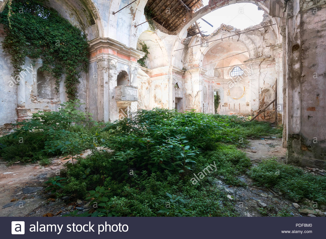 Decaying interior of an abandoned building with peeling paint and ...