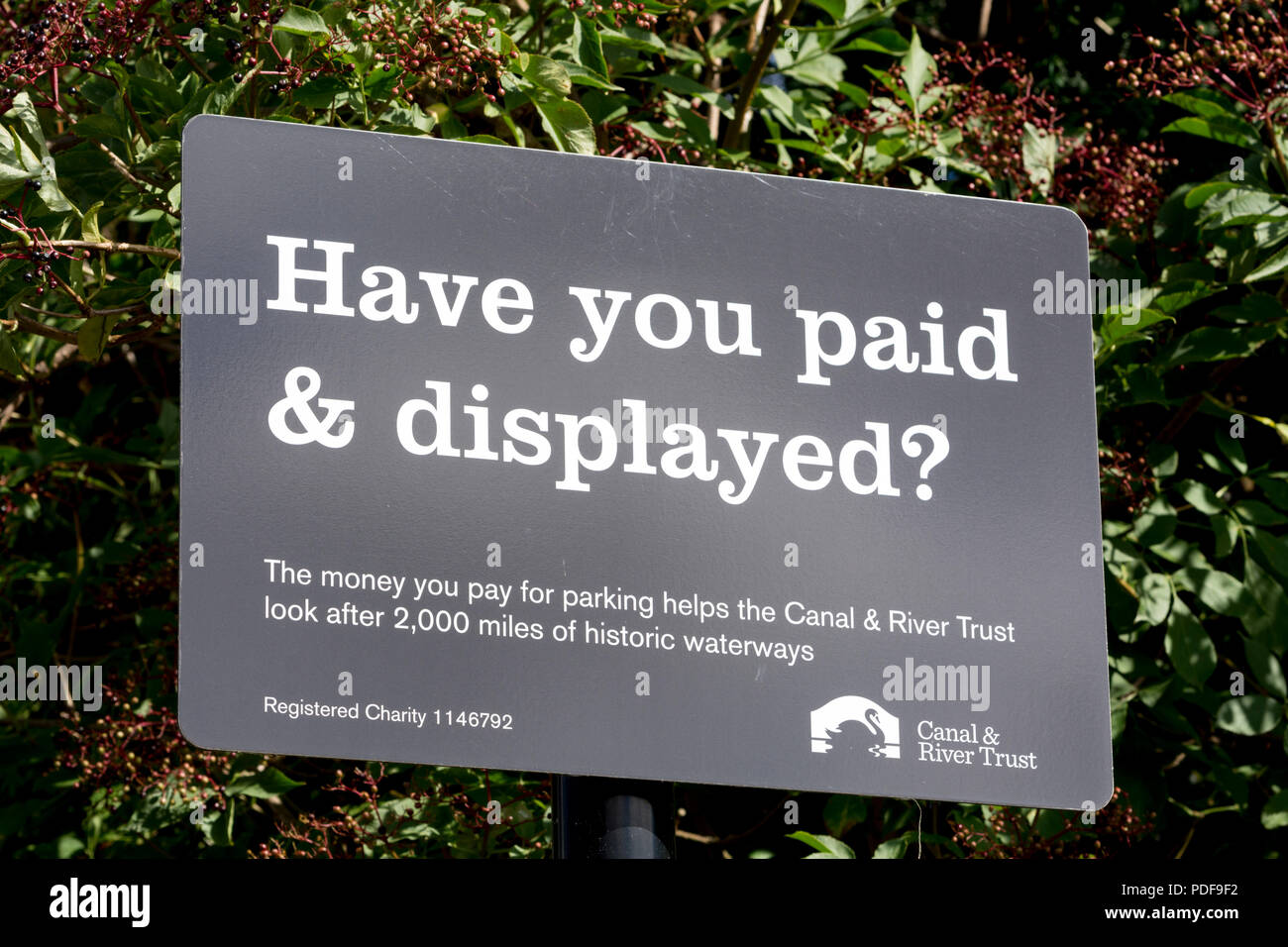 Have you paid & displayed? sign, Grand Union Canal, UK Stock Photo