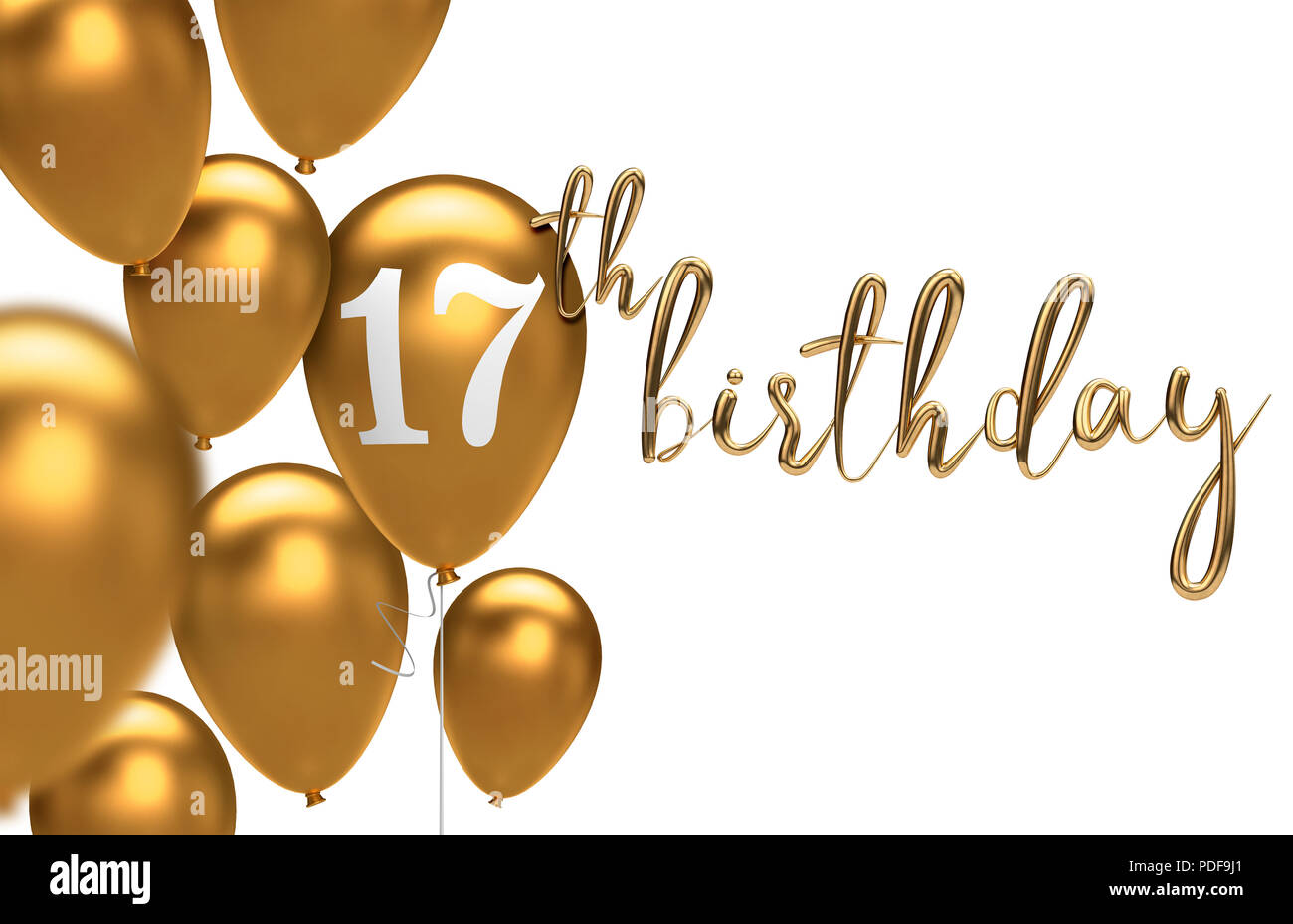 Gold Happy 17th birthday balloon greeting background. 3D Rendering ...