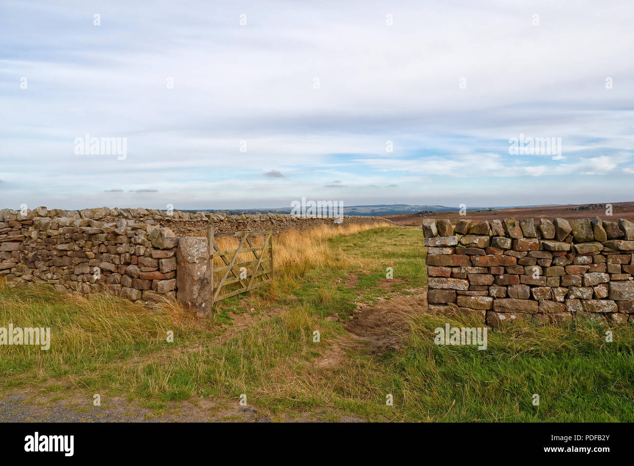 Dry Stone boundary Walls around a field with the gate open in the beautiful area of Nidderdale Stock Photo