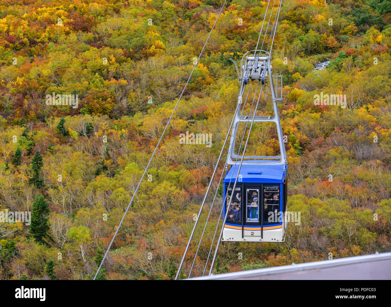 Nagano, Japan - Oct 4, 2017. Cable car way on autumn mountain in Nagano, Japan. Nagano was the site of the Olympic Winter Games 1998. Stock Photo
