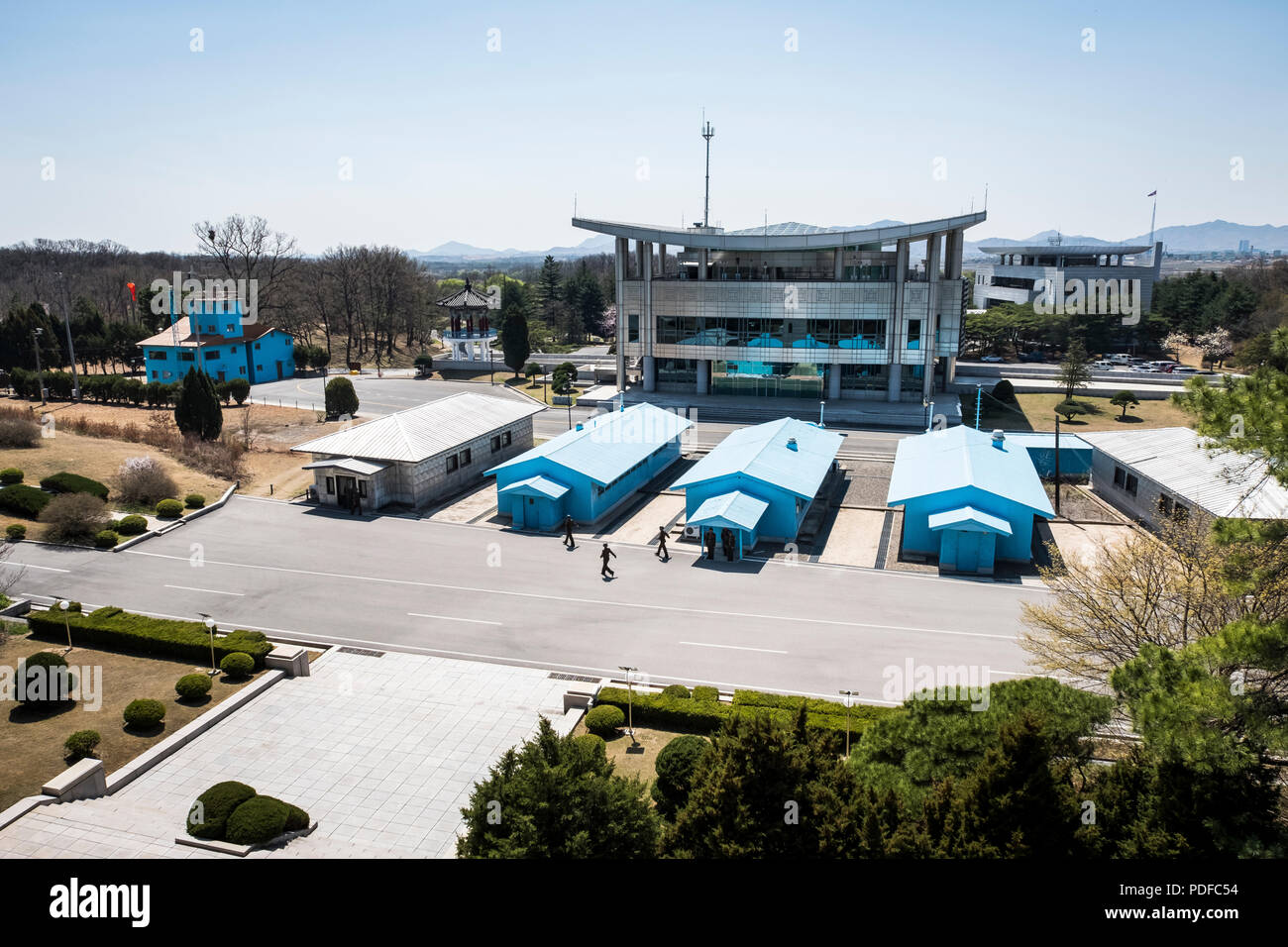 View from North Korea side in the Joint Security Area Truth Village Pamunjom of soldiers and the border within the DMZ, near Kaesong Stock Photo