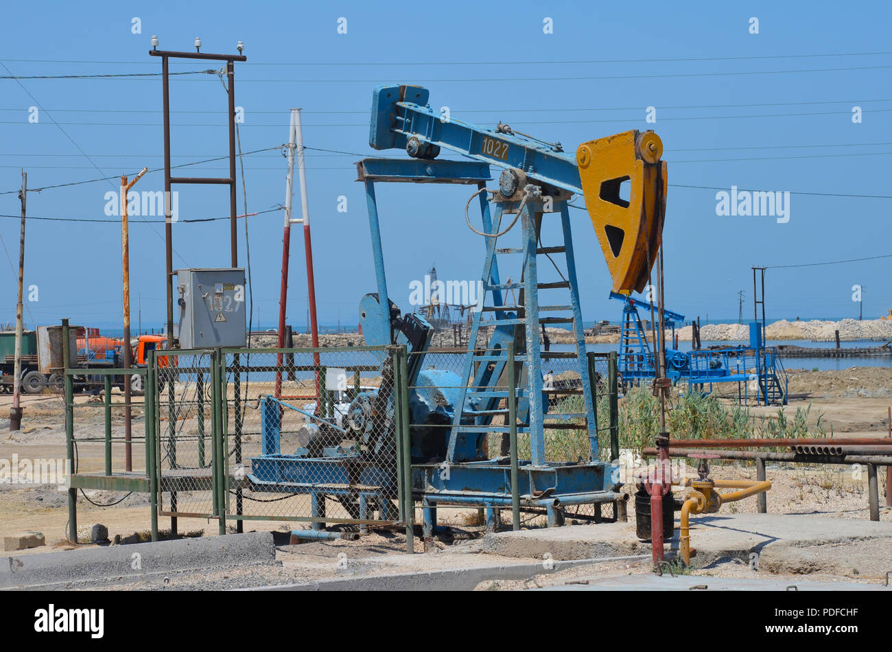 Oil wells in the Caspian Sea, Absheron Peninsula, Azerbaijan Stock Photo