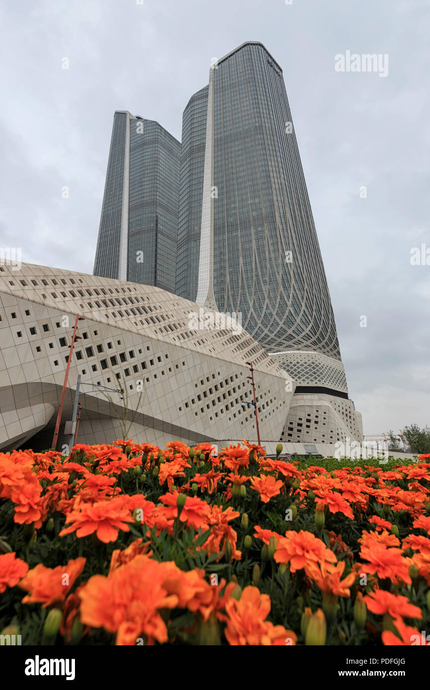 Nanjing, China - May 5, 2018: Twin towers of Nanjing also known as World Trace Center towers  in Jiangsu province Stock Photo