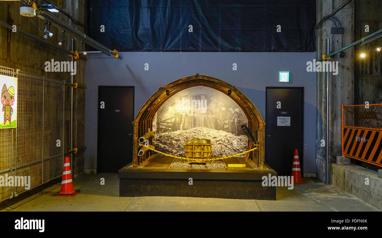 Toyama, Japan - Oct 4, 2017. Underground museum of Kurobe Dam in Toyama, Japan. At 186 metres in height, it is the tallest dam in Japan. Stock Photo