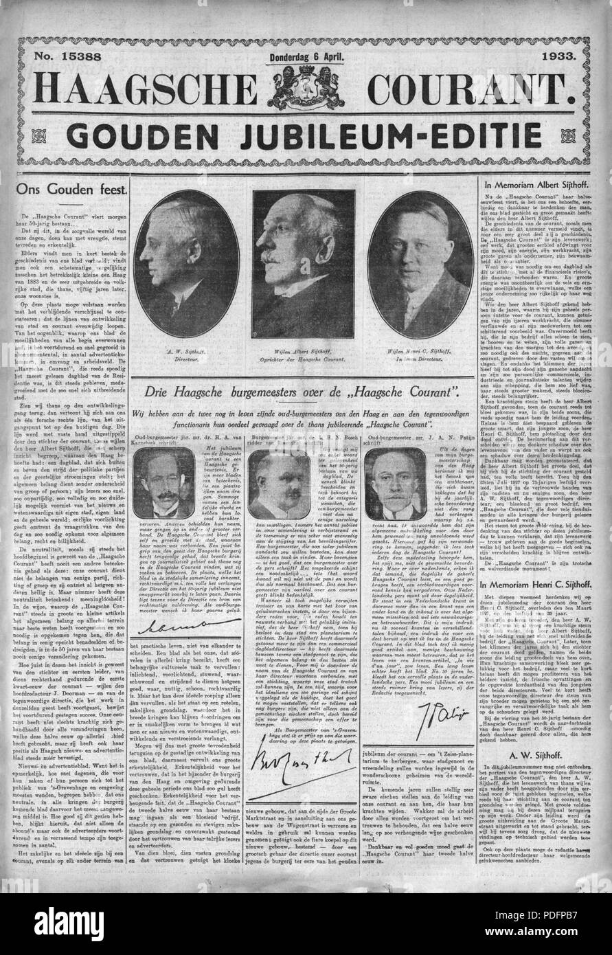 174 Jubileum editie 50 jaar Haagsche Courant, 6 april 1933 Stock Photo
