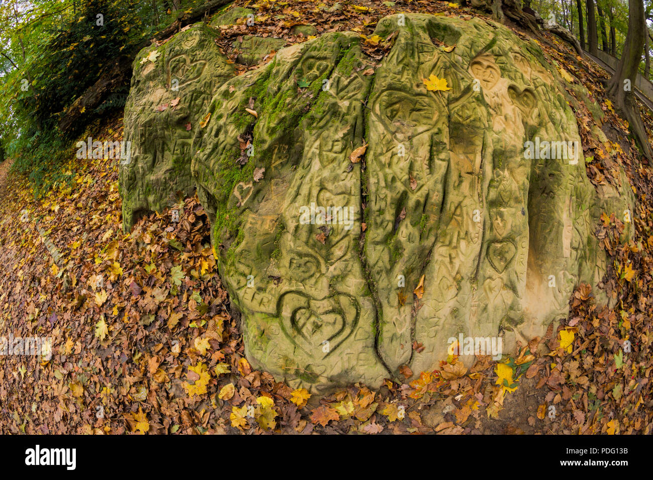 Lovehearts carved into rock at Petrin Prague Czech Republic Stock Photo
