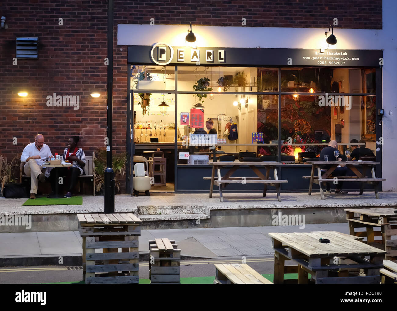 External view of Pearl Hackney Wick, bar and cafe in East London, after dark Stock Photo