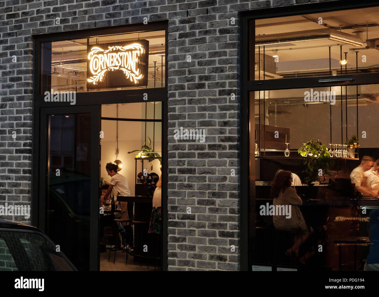 External outside view of chef Tom Brown's  Cornerstone restaurant bistro at Hackney Wick, East London, at night Stock Photo
