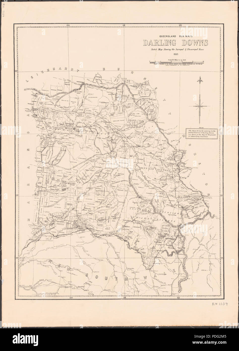 38 Darling Downs sketch map showing the surveyed &amp; unsurveyed runs, 1883 Stock Photo