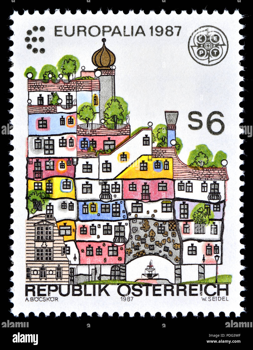 Austrian postage stamp (1987) : Design by Friedensreich Hundertwasser (born Friedrich Stowasser:1928 – 2000 better known by his pseudonym Friedensreic Stock Photo
