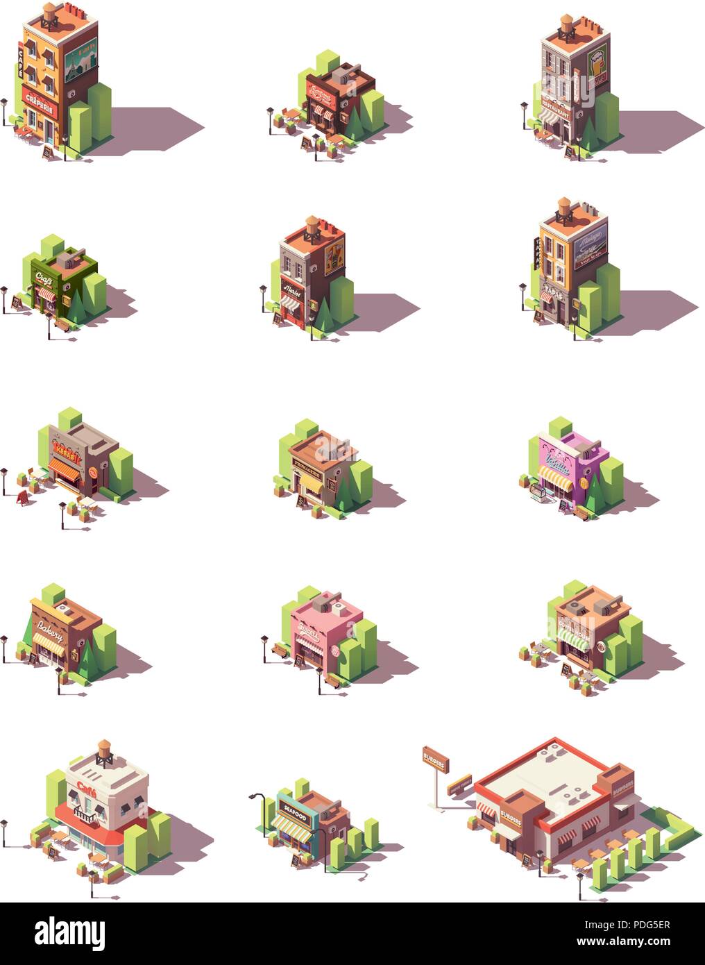 Vector isometric restaurants types Stock Vector