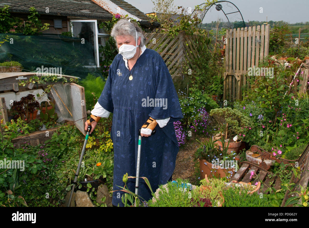 Gillian McCarthy who has Multiple Chemical Sensitivity (MCS) and has lived in 2 huts in a field in Somerset for many years. Stock Photo