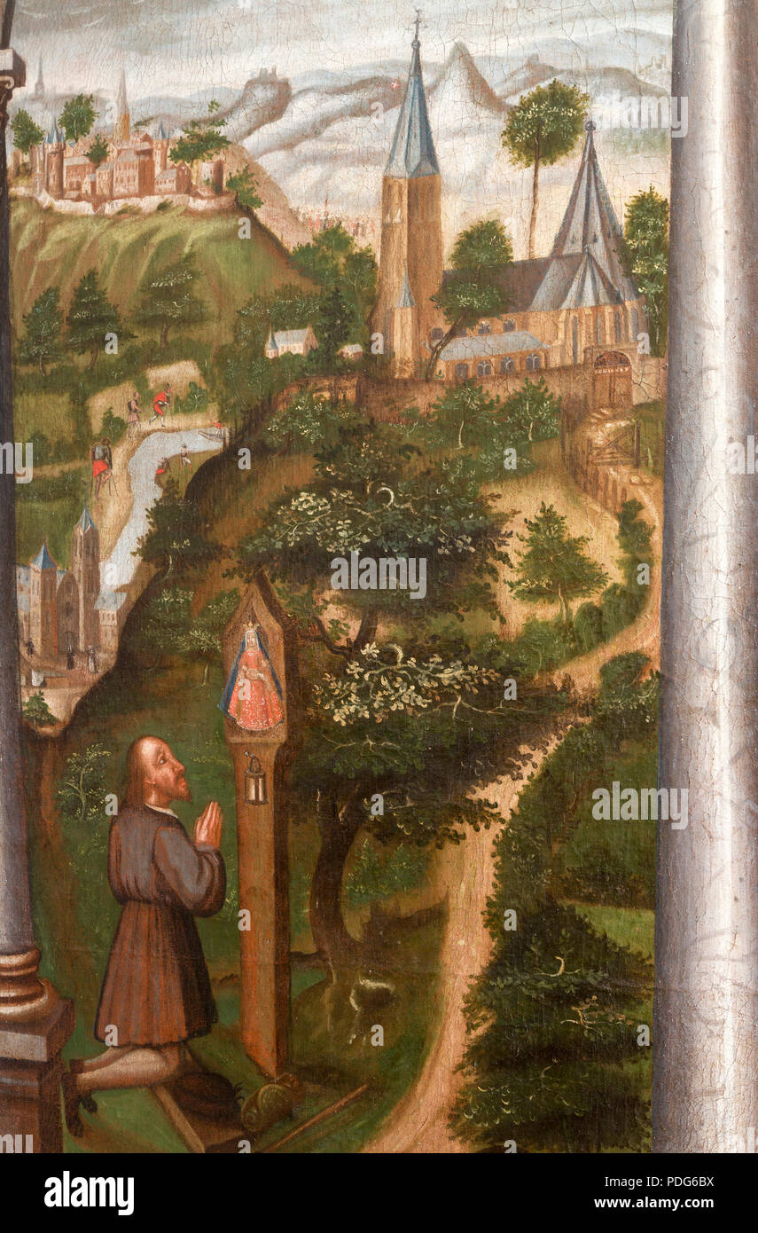 Fundationsbild von 1621, Stifter des Gnadenbildes, Christian von Lauthausen, im Hiontergrund die Wallfahrtskirche, die Sieg und Burg Blankenberg Stock Photo