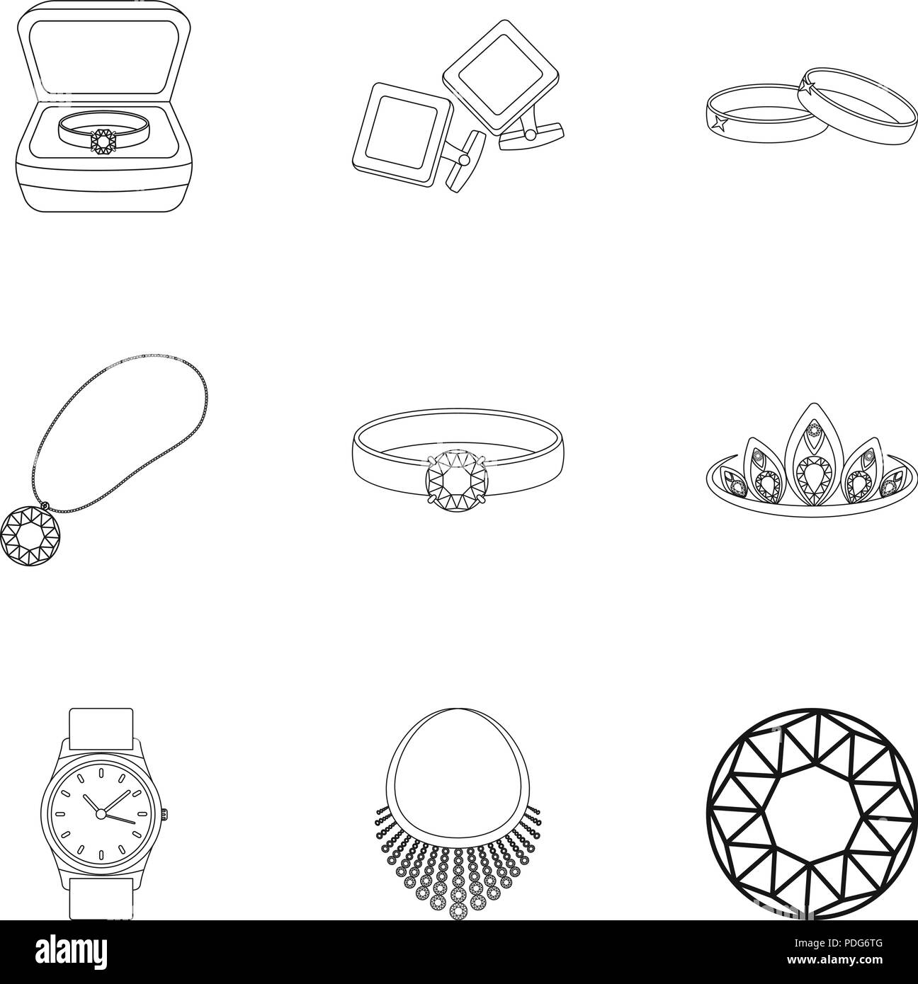 Jewelry and accessories set icons in outline design. Big collection of jewelry and accessories