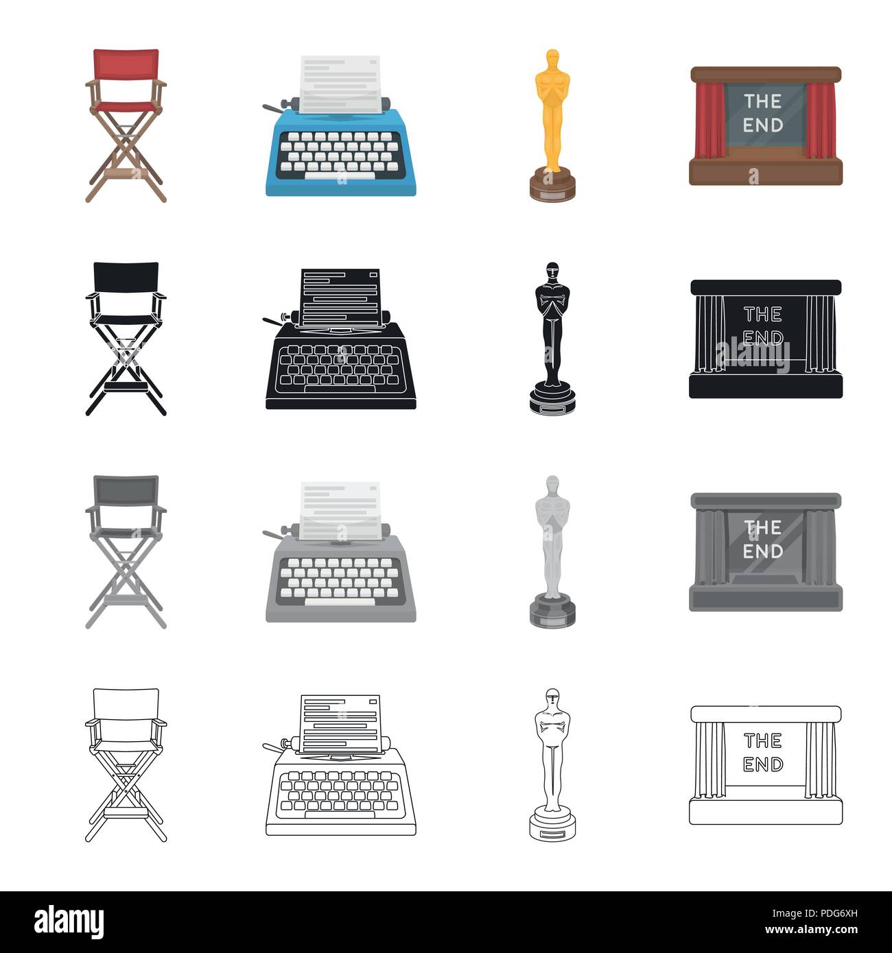 The director's armchair, a typewriter, a film festival award, a screen in the cinema. Film and Cinema set collection icons in cartoon black monochrome Stock Vector