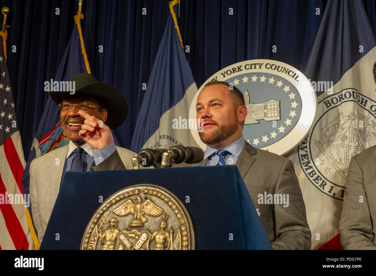 New York City Council Speaker Corey Johnson and members of the New York City Council hold a news conference  on Wednesday, August 8, 2018 in the Red Room of New York City Hall about pending legislation including a bill about the ride sharing industry.  (Â© Frances M. Roberts) Stock Photo