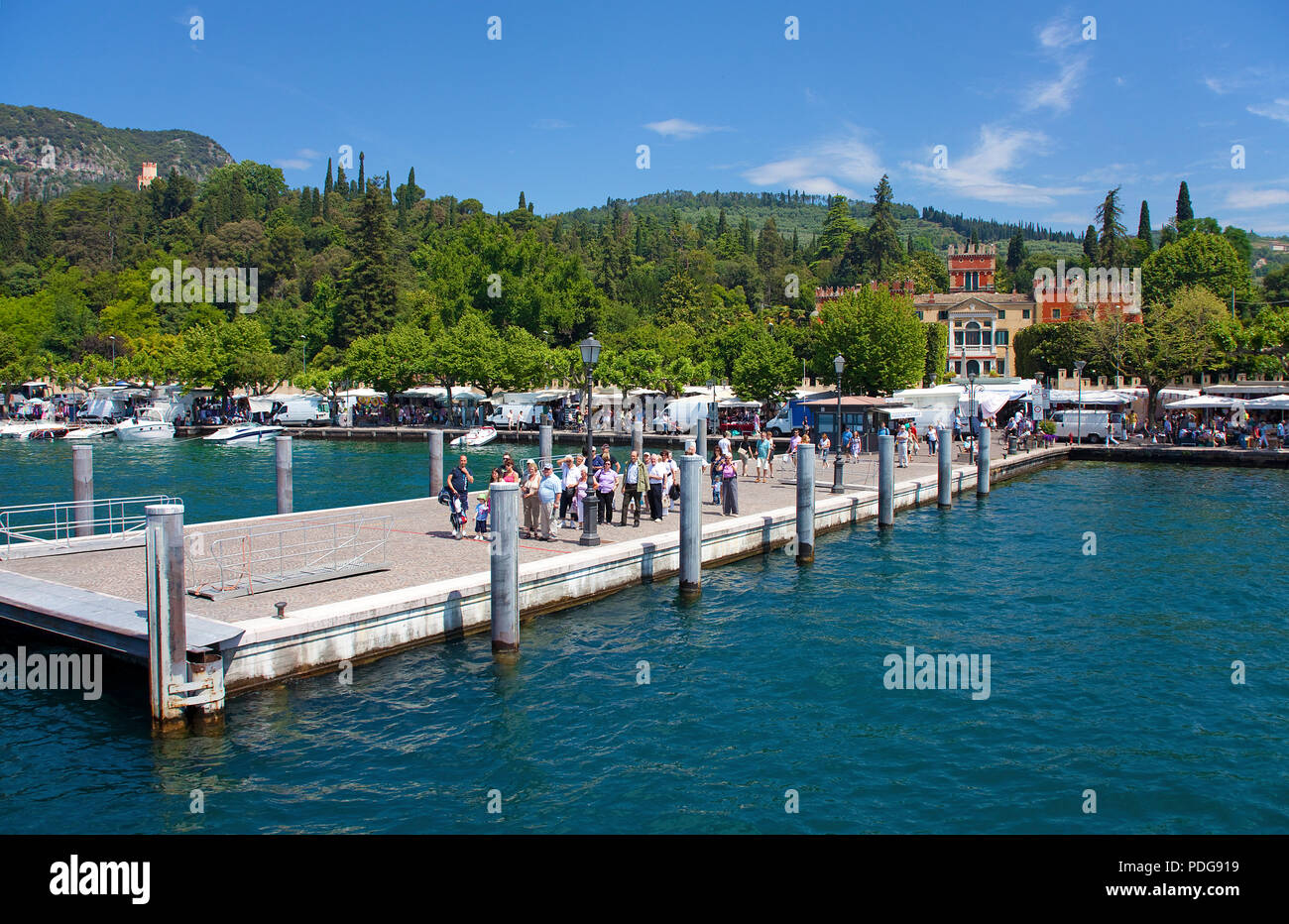 Pier at Villa Albertini, palace of the 16. century, neo-classical architecture, Garda, province Verona, Lake Garda, Italy Stock Photo