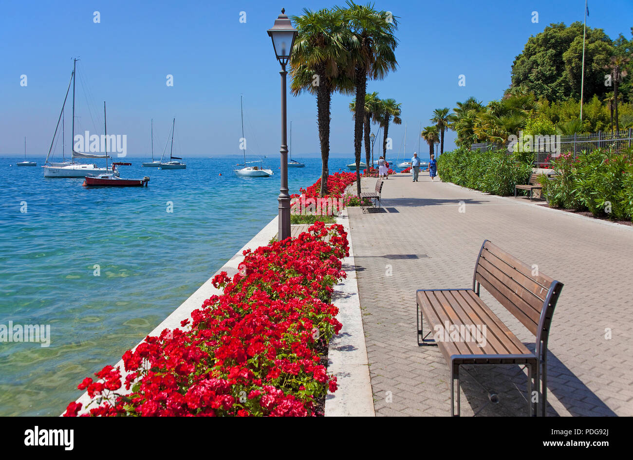 Flower decorated lake promenade at Garda, province Verona, Lake Garda, Italy Stock Photo