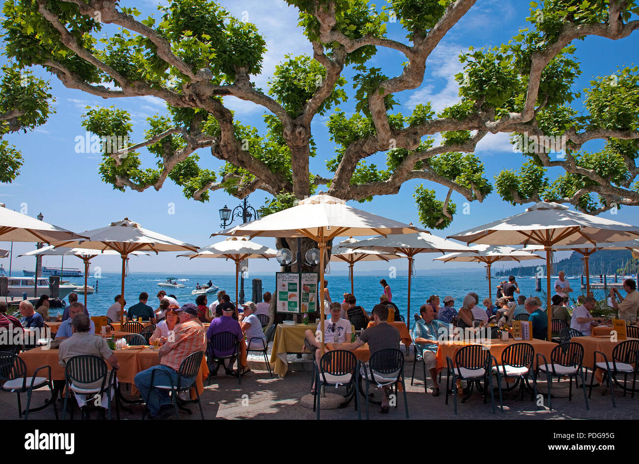 People in a Cafe at lake promenade, Garda, province Verona, Lake Garda, Italy Stock Photo