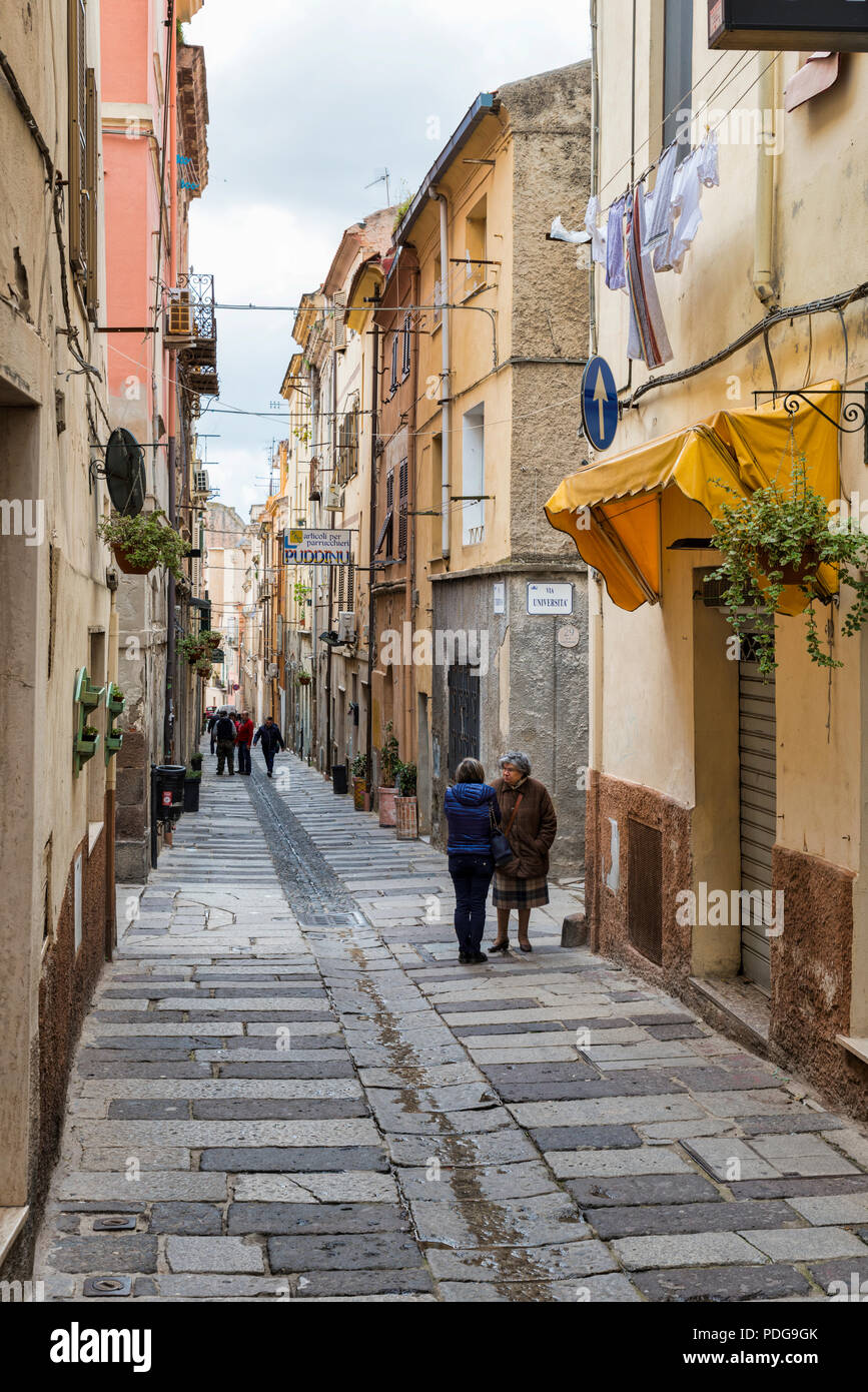 Sassari,Italy,12-april-2018:people walking in a typical italian street in sassari,sassari is one of the biggest cities in west sardinia Stock Photo