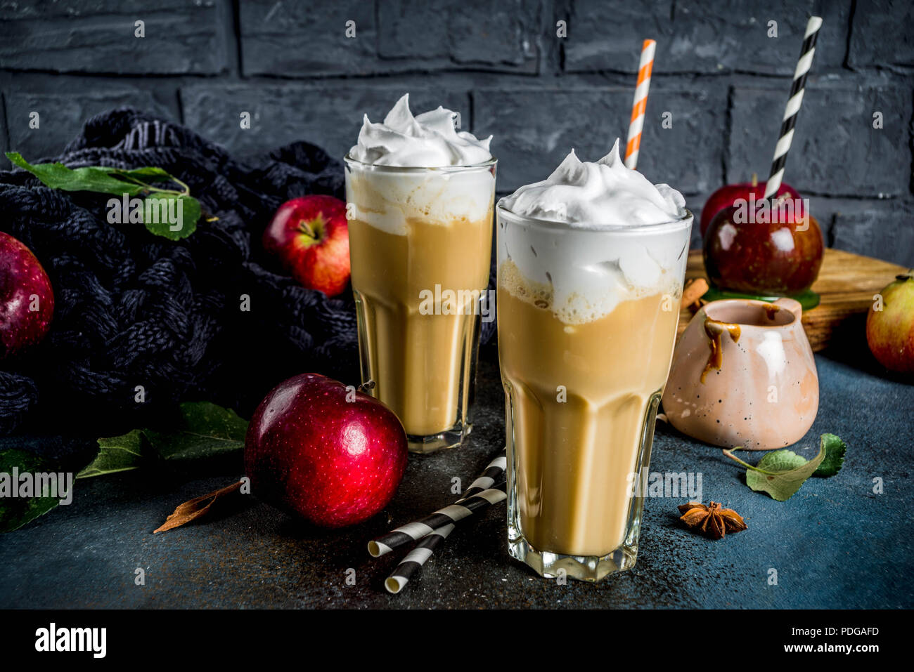 Spiced Caramel Apple Or Apple Pie Smoothie Organic Autumn Fruit Cocktail With Whipped Cream On A Dark Background With Apples Leaves Caramel Sauce Stock Photo Alamy