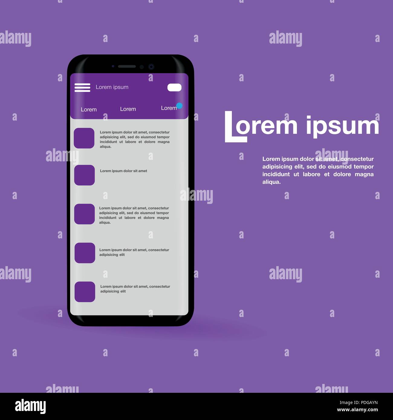 Design of mobile application, social network mockup, purple tone, vector Stock Vector