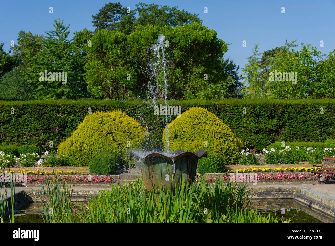 Water fountain in the gardens of Fanhams Hall Hotel, Ware Hertfordshire UK Stock Photo