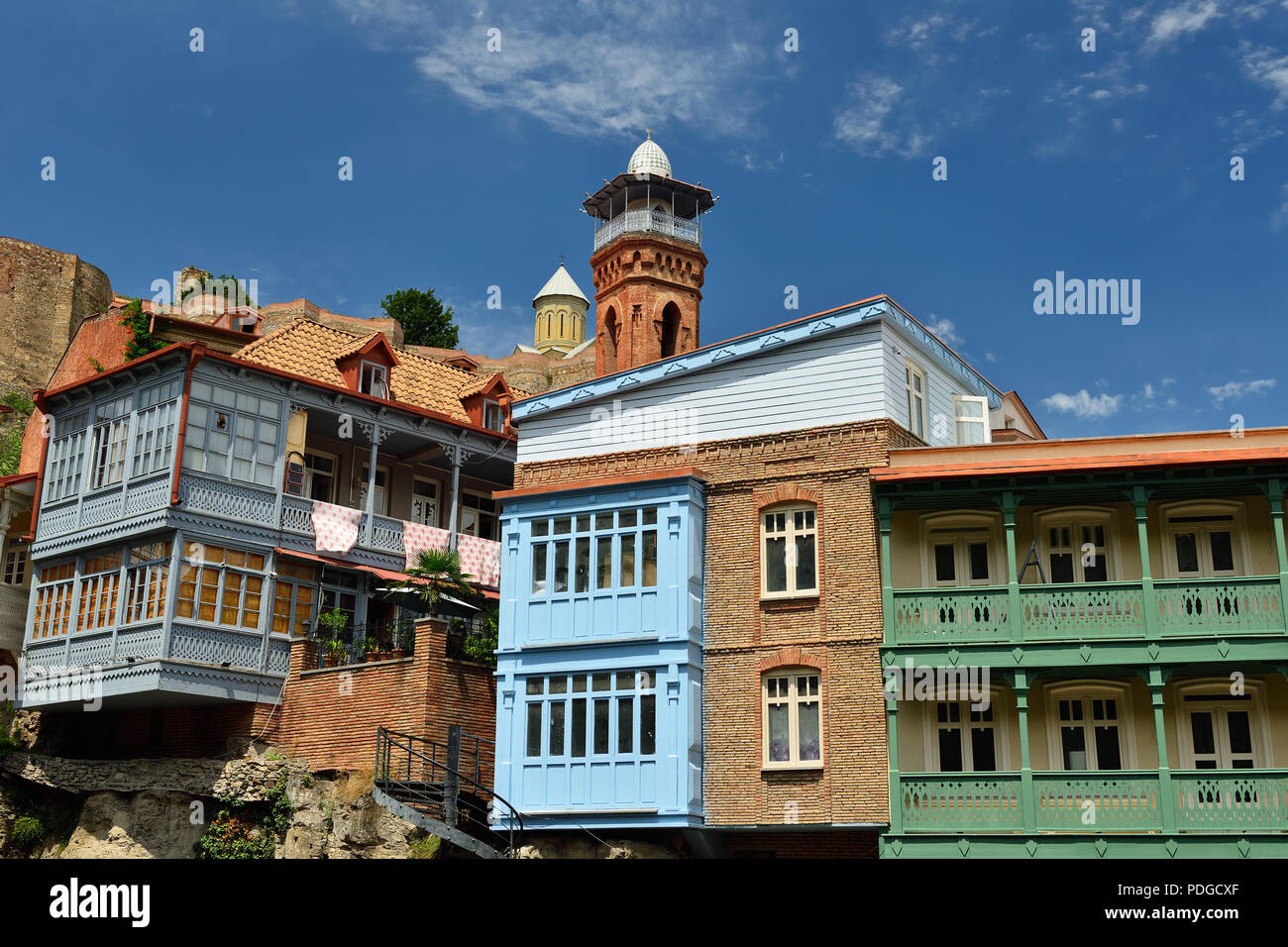 Georgia, Traditional houses with wooden carved balconies in the Old Town of Tbilisi, Stock Photo