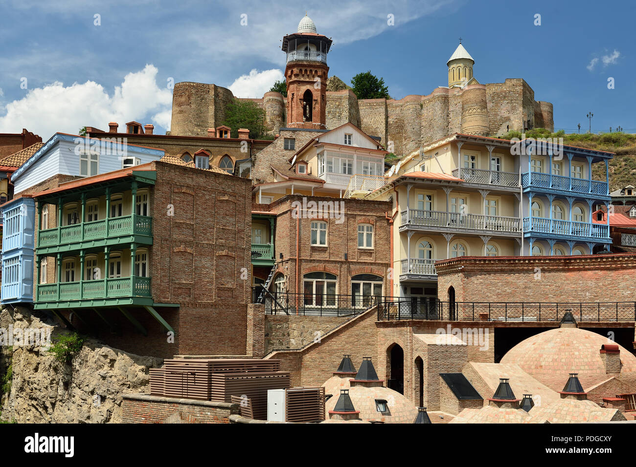 Georgia, Traditional houses with wooden carved balconies in the Old Town of Tbilisi, Stock Photo