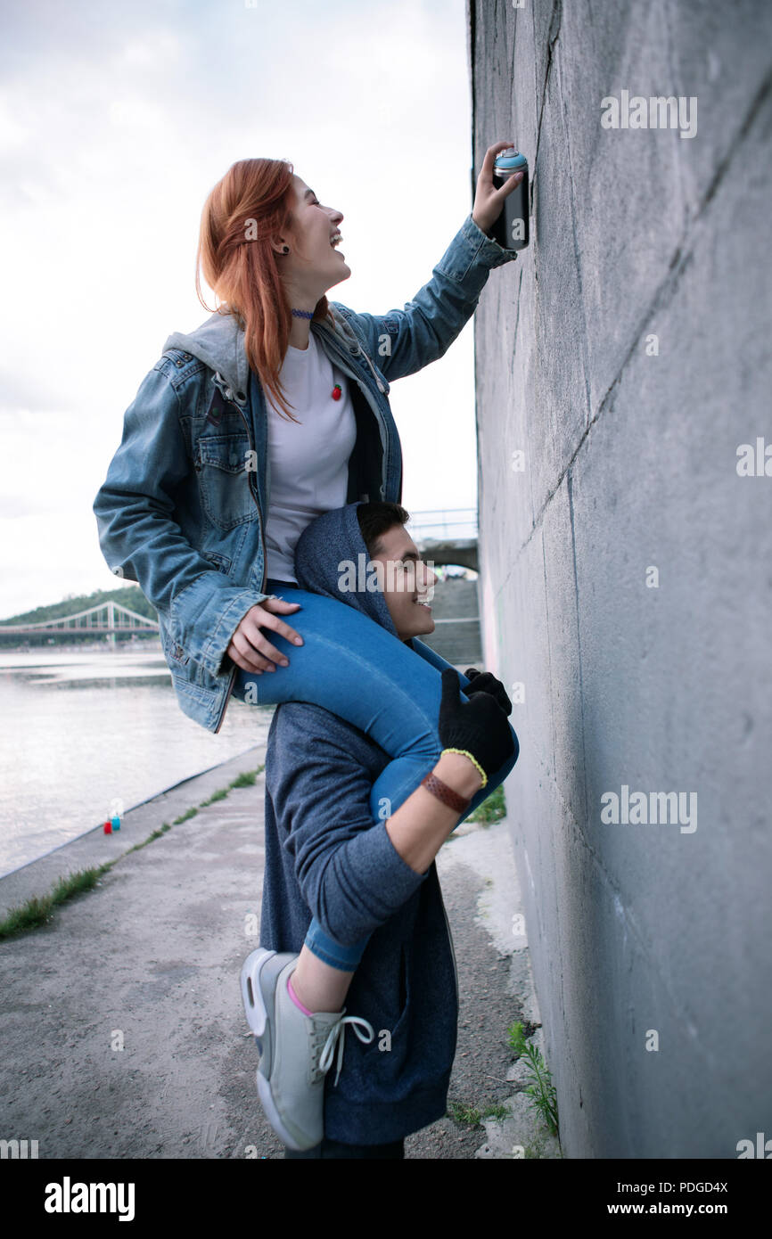 Joyful nice woman having fun Romantic date. Stock Photo