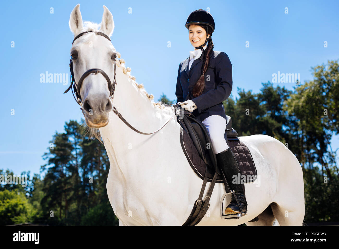 Successful female rider feeling happy after winning competition Stock ...