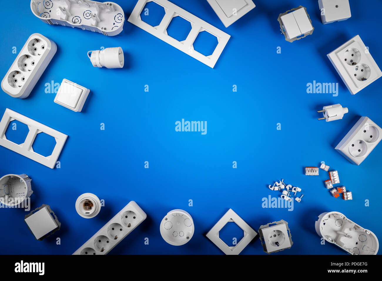 electrical equipment on blue background with copy space Stock Photo