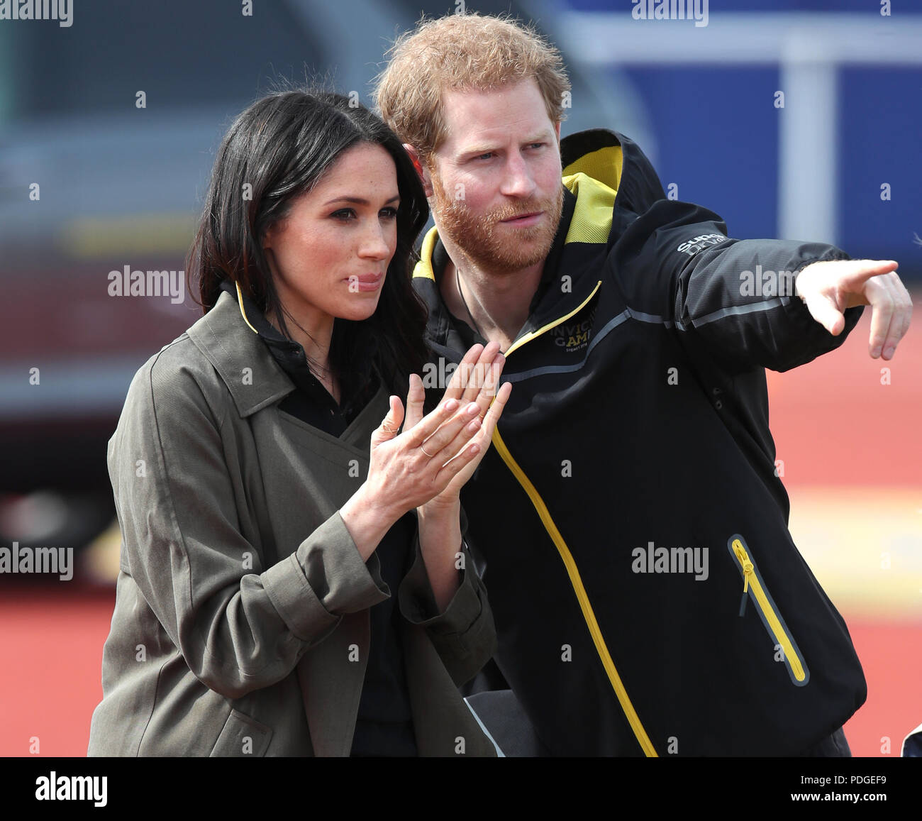 Prince Harry and Ms Meghan Markle as they attend the UK Team Invictus Games trials held at Bath University Sports training village in Somerset. Stock Photo