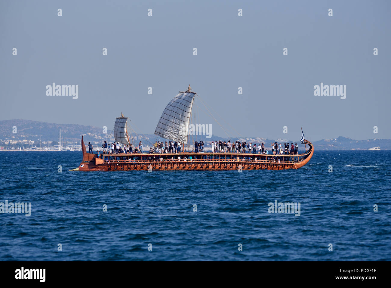 Trireme Olympias sailing with open sails in Faliro, Athens, Greece ...