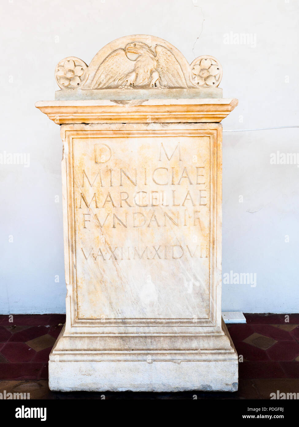 Funerary altar of Minicia Marcella, daughter of Caius Minicius Fundanus, who died at the age of twelve years, eleven months and seven days, mentioned by Pliny the Younger. Italic marble 105-106 AD from via Trionfale - National Roman Museum - The Baths of Diocletian - Rome, Italy Stock Photo