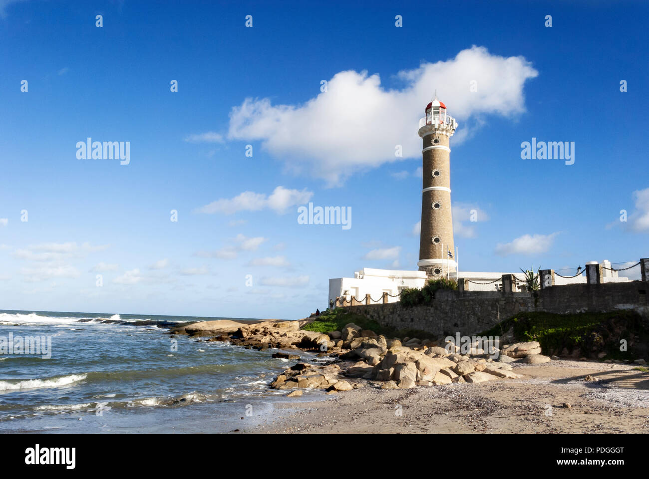 Sunny day and view to the famous lighthouse on Jose Ignacio beach, Punta del Este, Uruguay. Stock Photo