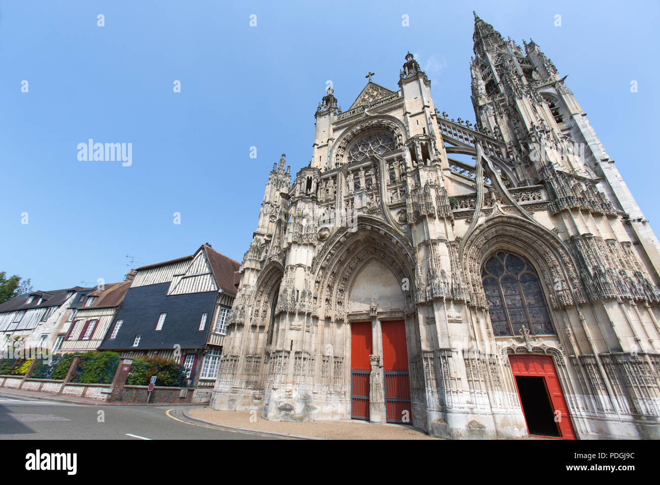 Town of Caudebec-en-Caux, France. Picturesque view of the Roman Catholic Eglise Notre-Dame. Stock Photo